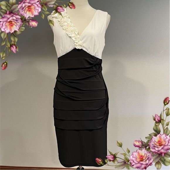Elegant Black & White 3D Flowers Dress V-neck size 10 - Picture 1 of 12